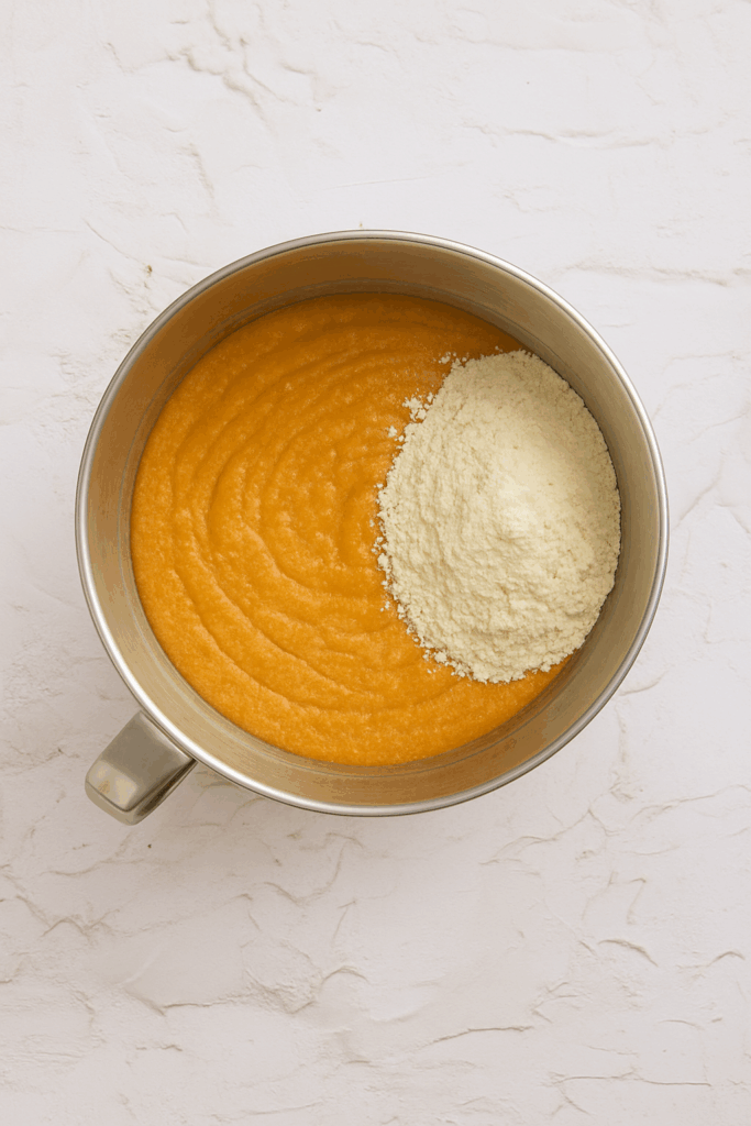 Dry ingredients added to pumpkin cake batter