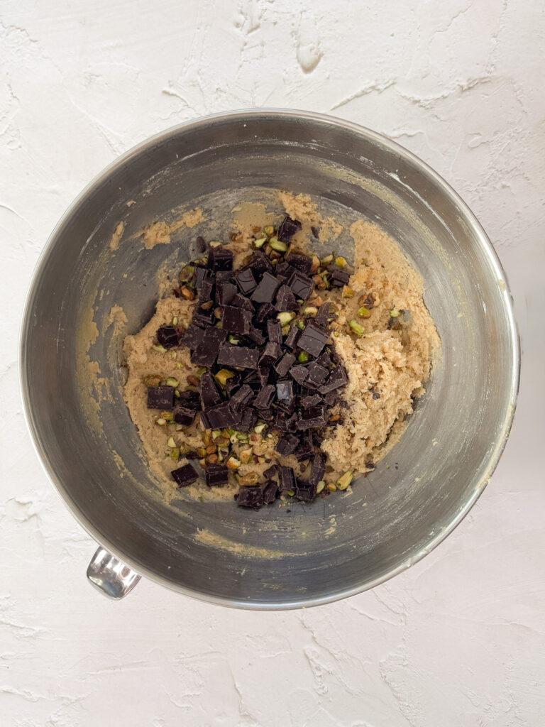 Pistachios and Chocolate chunks added to the batter